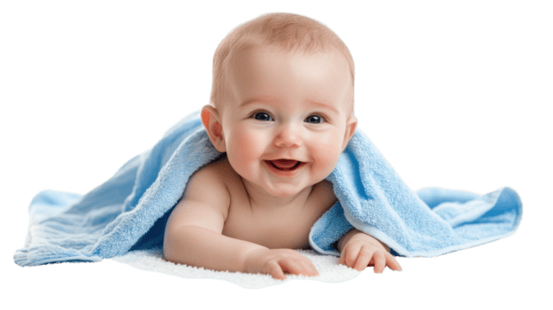 happy-baby-playing-on-soft-white-surface-covered-with-blue-towel-smiling-with-joy-and-excitement-during-a-cozy-afternoon-free-png